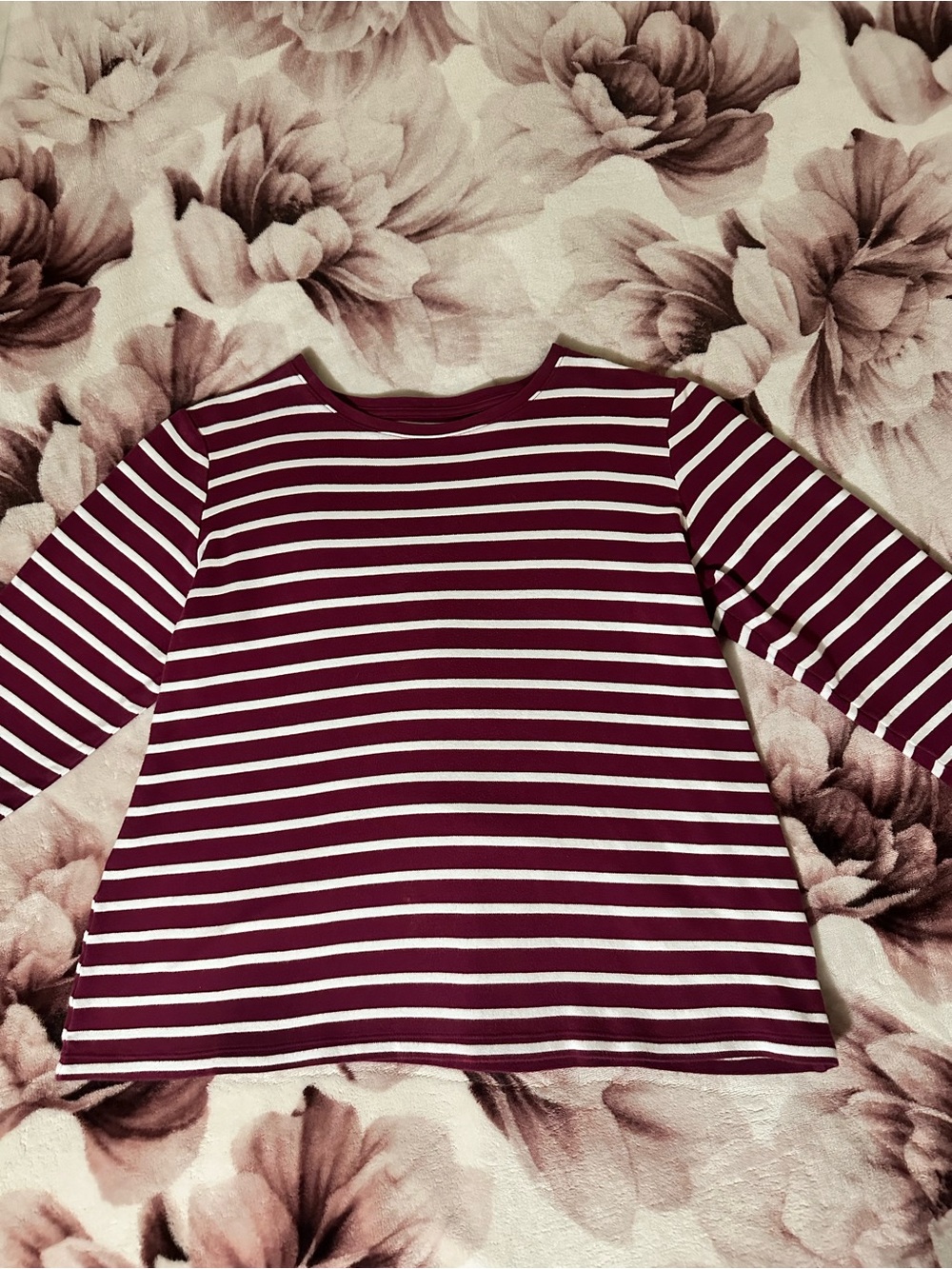 Kim Rogers Burgundy and White Striped 3/4 Long-Sleeve Tee
